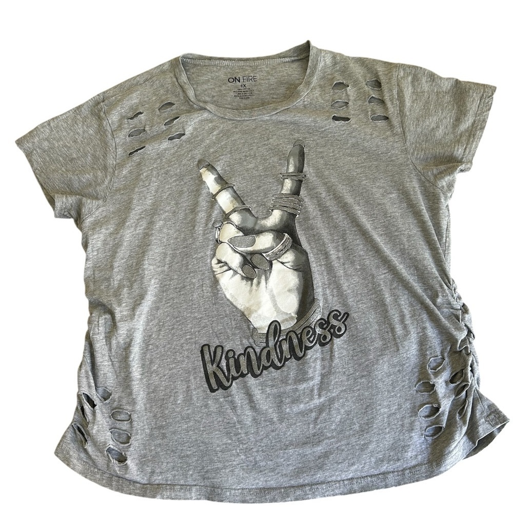 On Fire Peace Sign “Kindness” Graphic T-Shirt – Size 1X – Gray, 100% Cotton